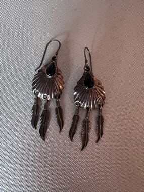 Sterling Silver Black Teardrop Feather Dangle Earrings